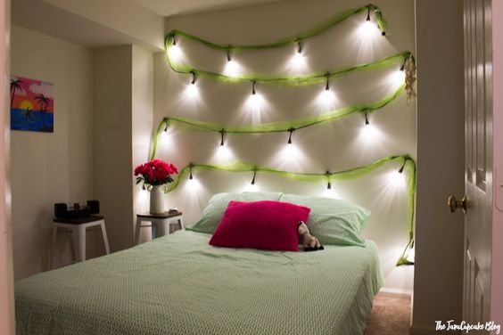 lighted DIY headboard with Enbrighten LED Cafe Lights